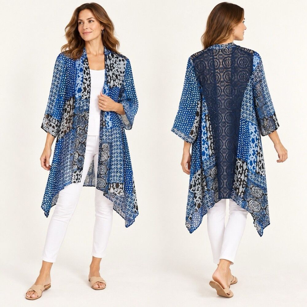 Chico’s Dream Lace Back Kimono Duster Blue Lightweight Patchwork Size 2 Large